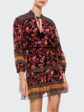 Alice + Olivia Black Mini Dress with Pink Floral and Yellow Border Trim